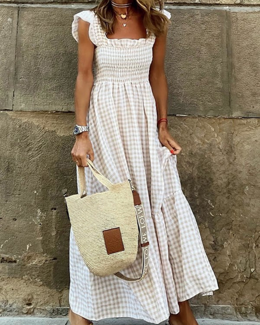 Gingham Smocked Square Neck Flutter Sleeve Tiered Maxi Dress