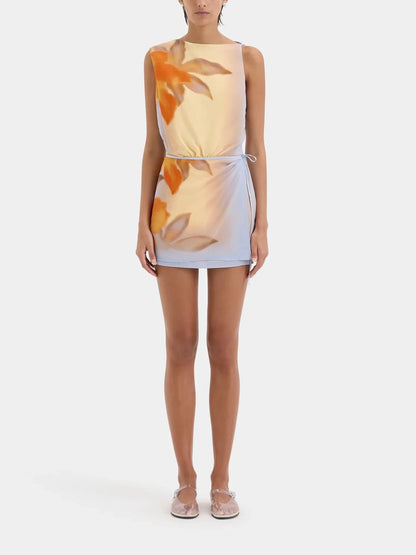 Boat Neck Sleeveless Side Tie Wrap Skirt Watercolor Floral Mini Dress