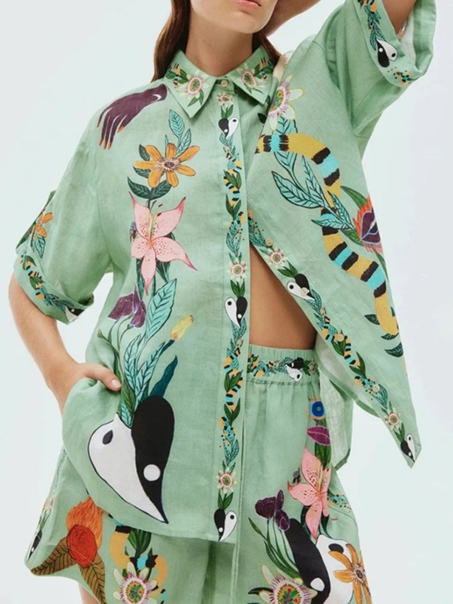 Printed Vacation Long-sleeved Shirt Shorts Set 2-piece Sets
