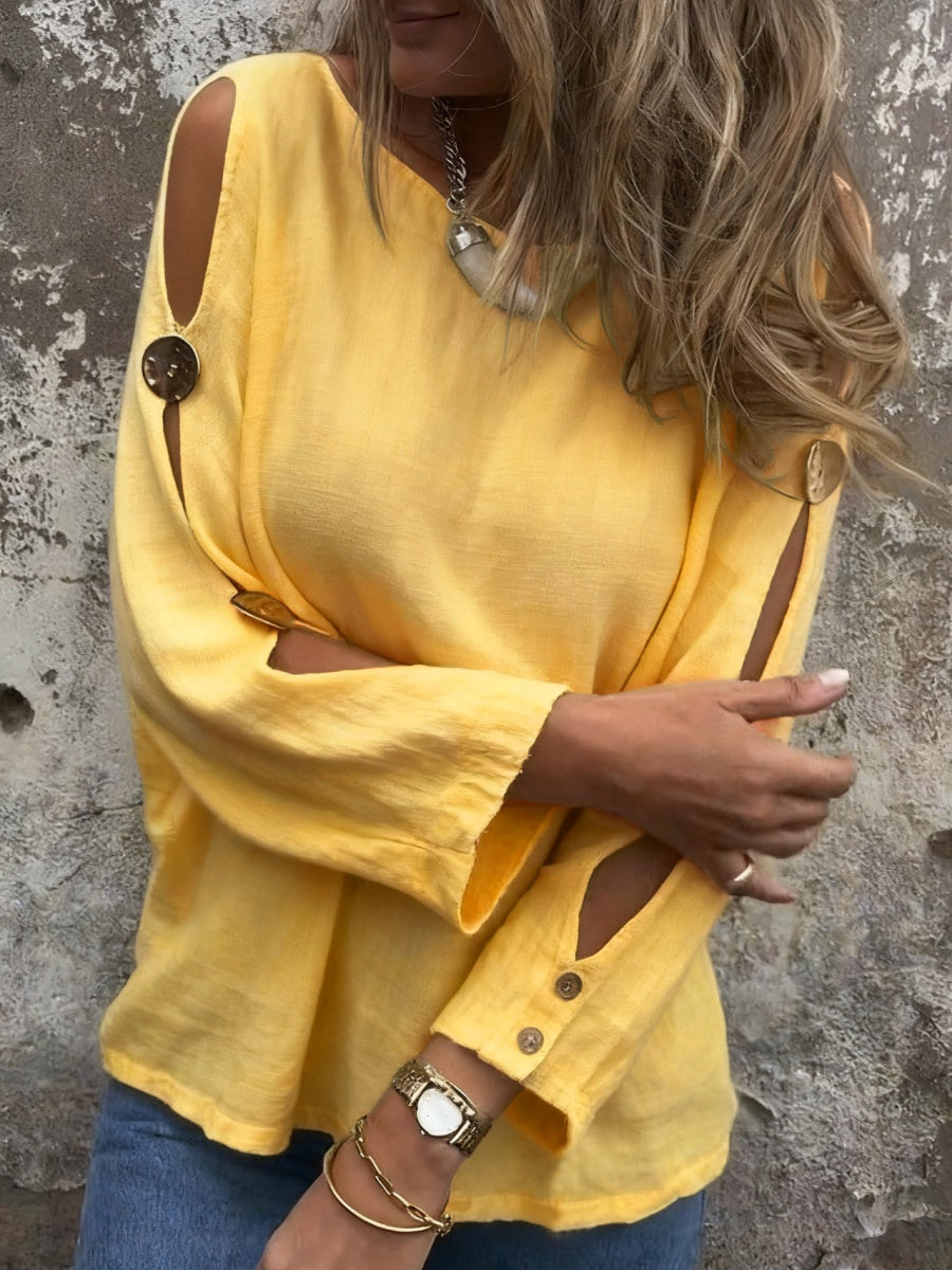 Solid Color Crew Neck Long-sleeved Split T-shirt