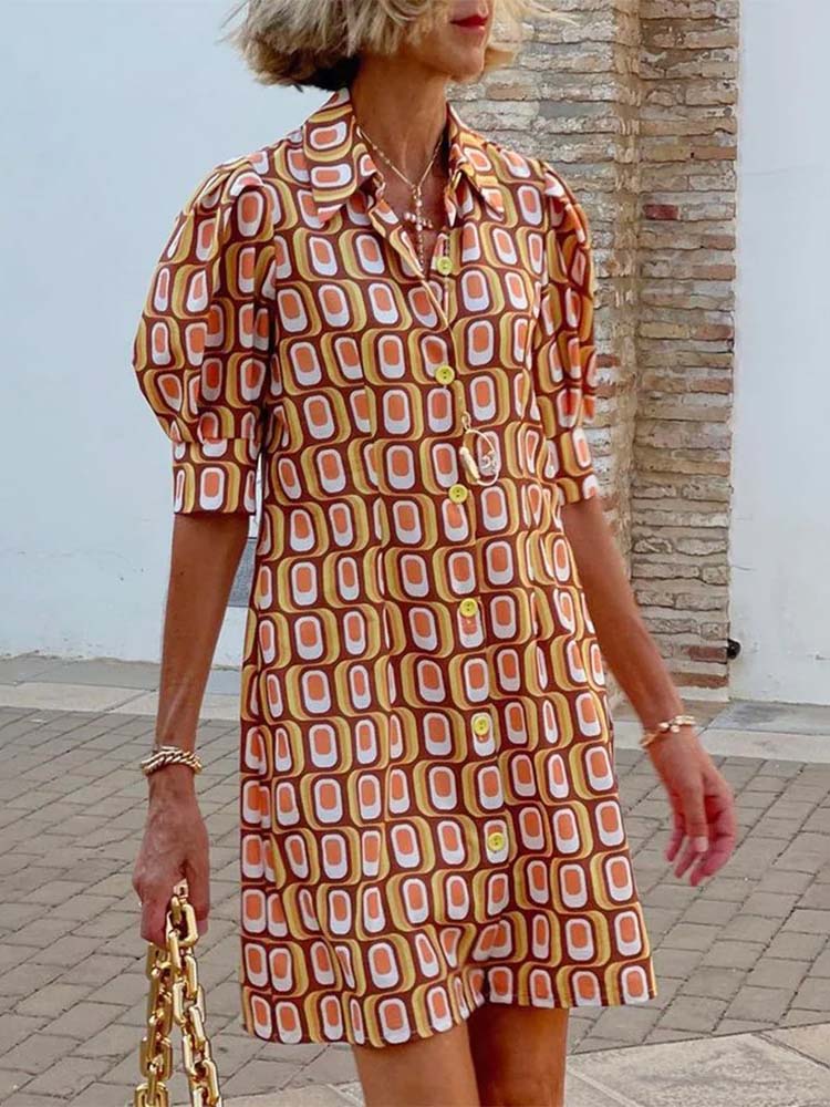Puff Sleeve Button Front Concentric Oval Geometric Print Shirt Mini Dress
