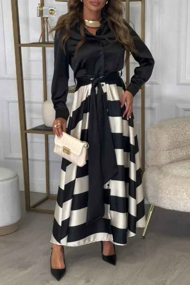 Collared Long Sleeve Button Down Tie Waist Striped Maxi Dress