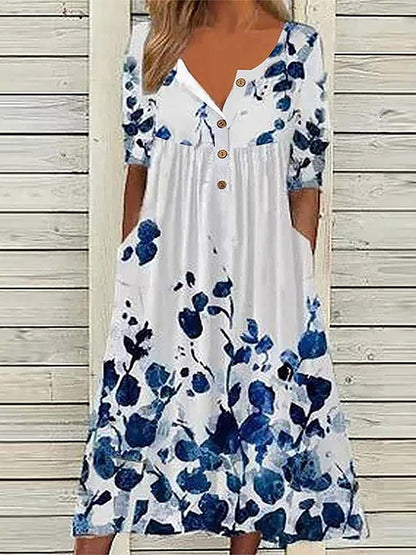 Large Floral Print V-Neck Button Front Empire Waist Pocket Midi Dress