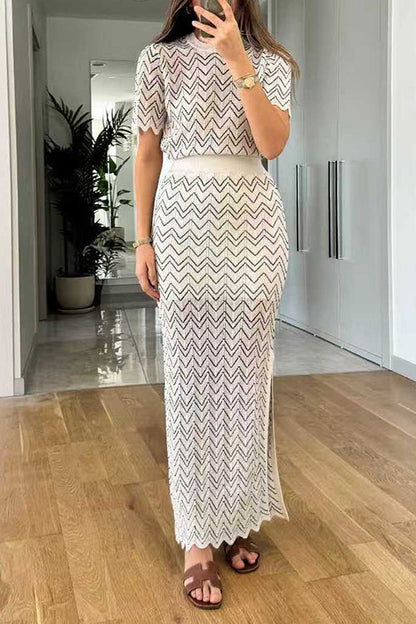 High Rise Zigzag Patterned Side Slit Maxi Skirt