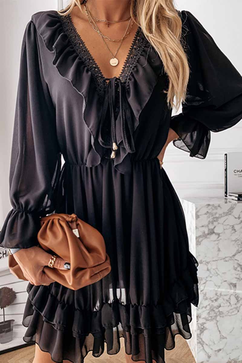 Lace Trim Deep V-Neck Tie-Front Balloon Sleeve Tiered Ruffle Mini Dress