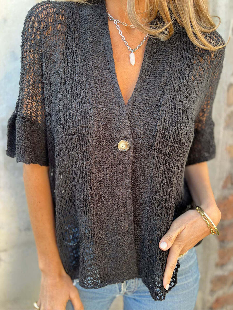 One Button Hollow Knit Tops
