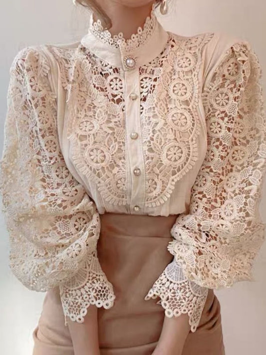 Button-up Lace Openwork Floral Patchwork Shirt