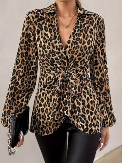 Leopard Print Tie-neck Long-sleeved T-shirt