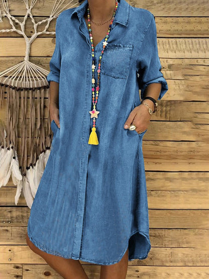Chambray Denim Button Front Patch Pocket Rolled Sleeve Shirt Mini Dress