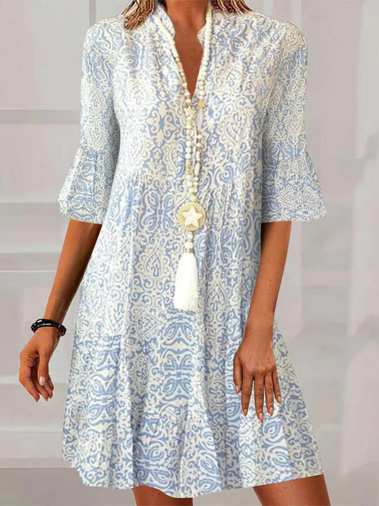 Mandarin Collar V Neck Bell Sleeve Tiered Paisley Print Mini Dress