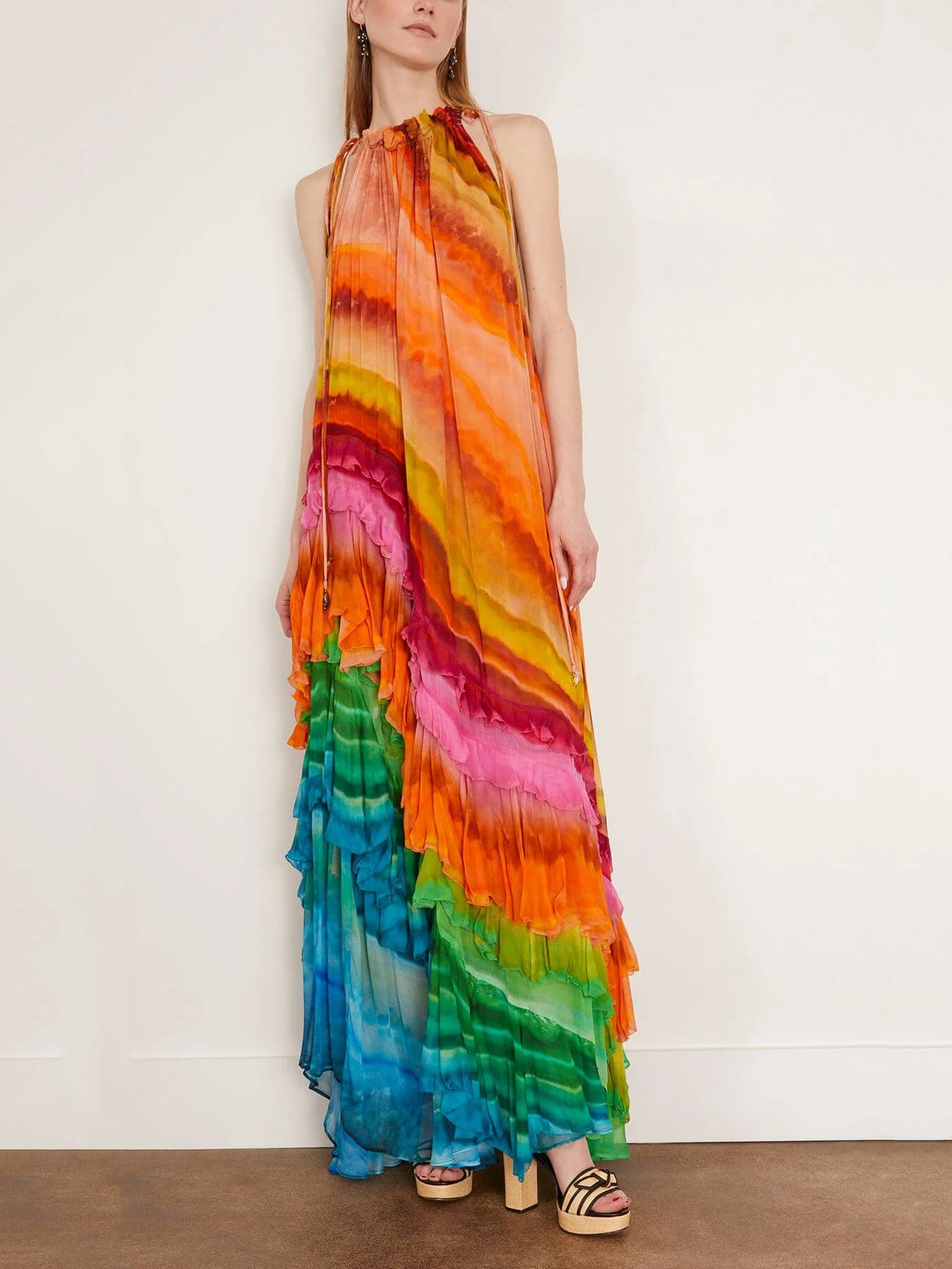 Halter Neck Cascading Tier Ruffle Ombré Print Floor Length Maxi Dress