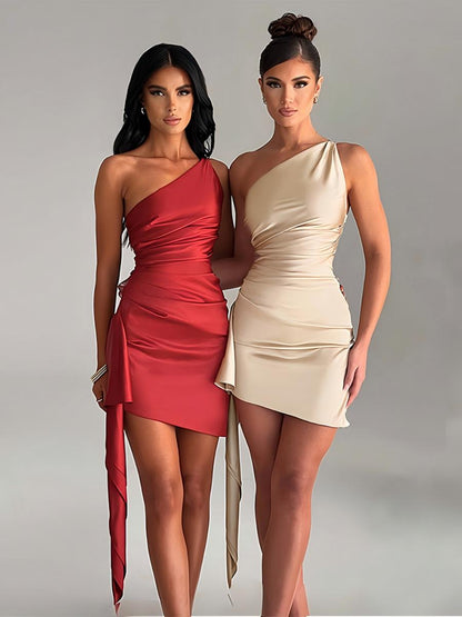 Satin Sloping Shoulders Sleeveless Slim Fit Backless Mini&Short Dresses