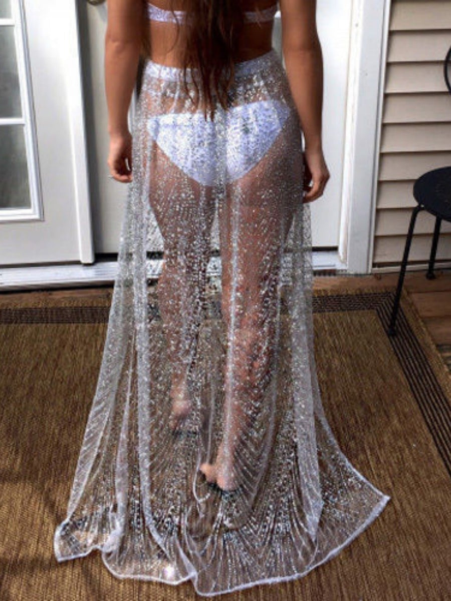 Beach Cover-up With Slits And Tie-up Shimmering Sequined Skirt