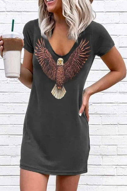 Eagle Graphic V Neck Short Sleeve T-Shirt Mini Dress