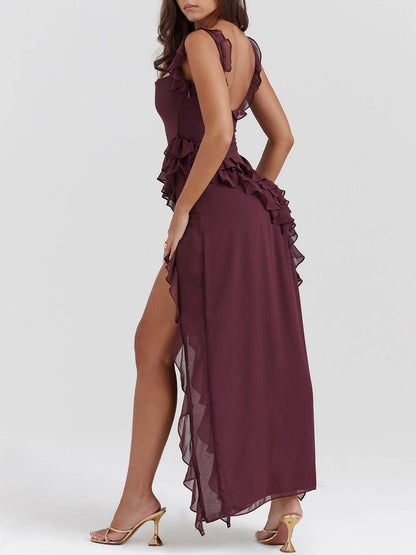 Square Neck Ruffle Strap Cascading Ruffle High Split Maxi Gown