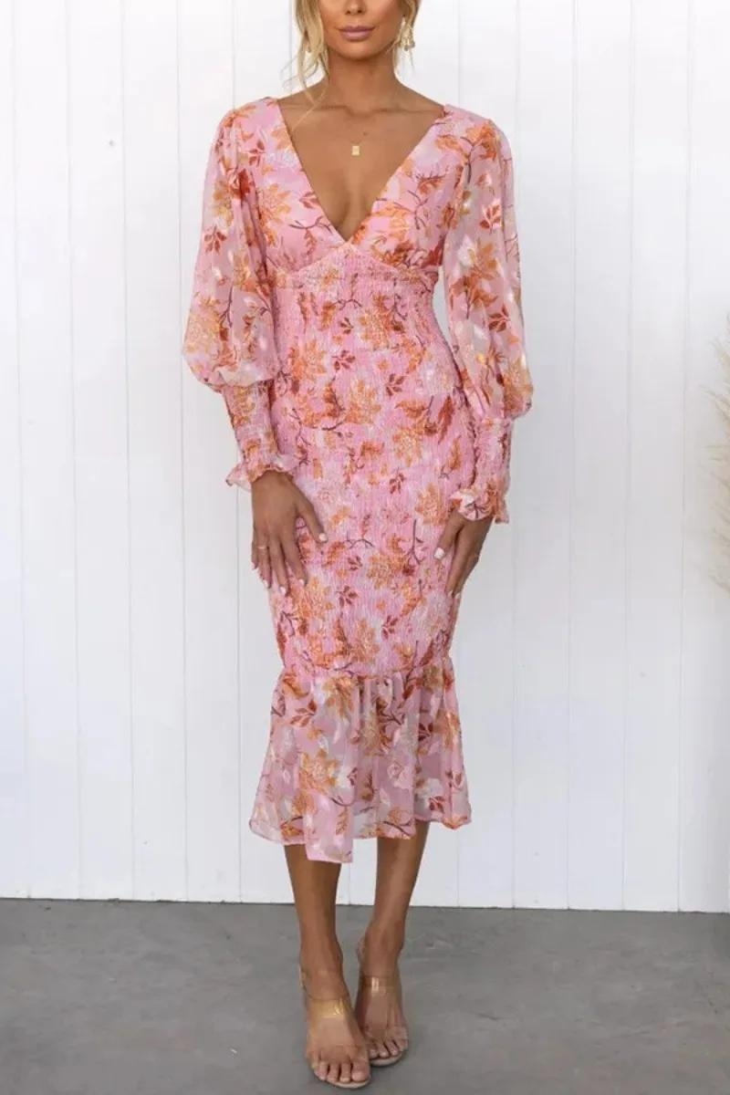 Floral Print Deep V-Neck Balloon Sleeve Smocked Trumpet Hem Midi Dress