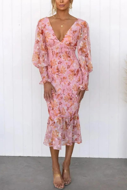 Floral Print Deep V-Neck Balloon Sleeve Smocked Trumpet Hem Midi Dress