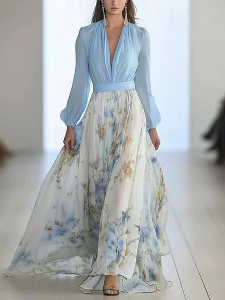 Floral Print With Ribbon Long Sleeve V-neck Patchwork Long Dress
