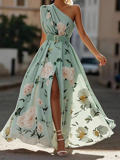 Sloping Shoulders Printed Vacation Temperament Maxi Dresses