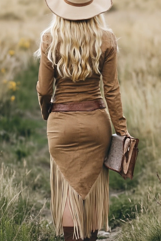 Retro Western Lapel Zipper Tassel Midi Dress