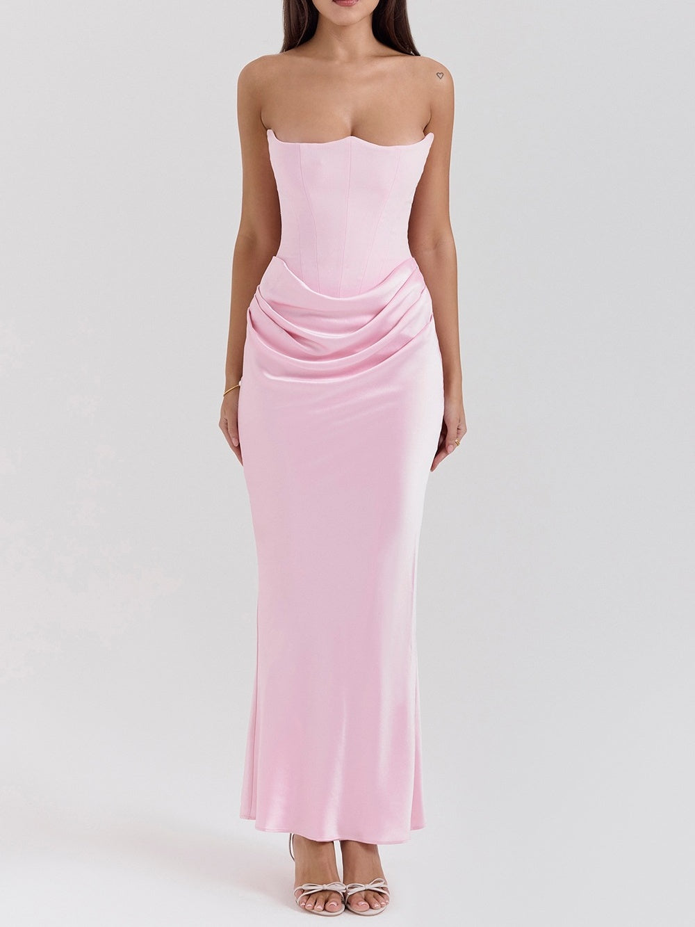 Satin Belted Strapless Off-the-shoulder Fishbone Pleated Long Bodycon Dress