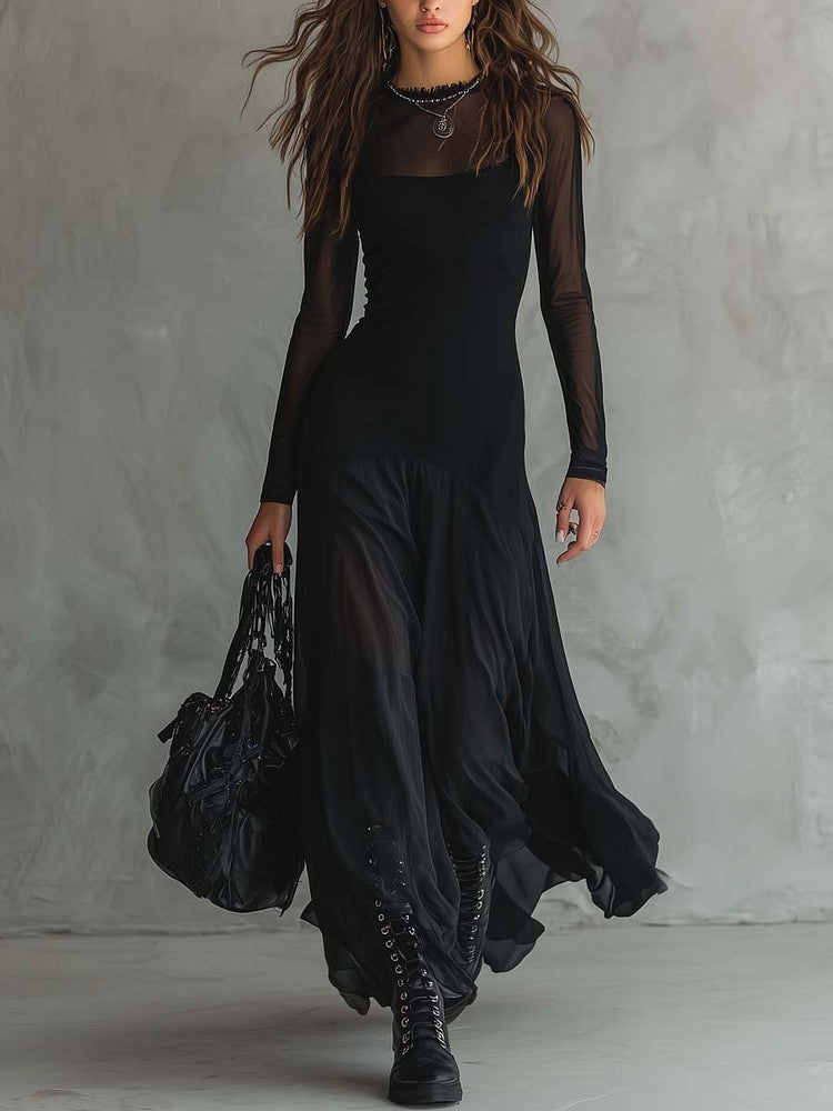 Black Long-sleeved Mesh-paneled Maxi Dress
