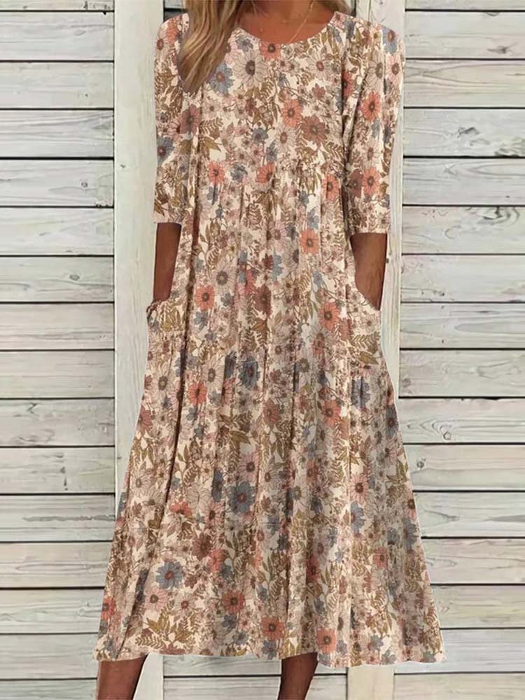 Floral Print Round Neck Three-Quarter Sleeve Tiered Pocket Midi Dress