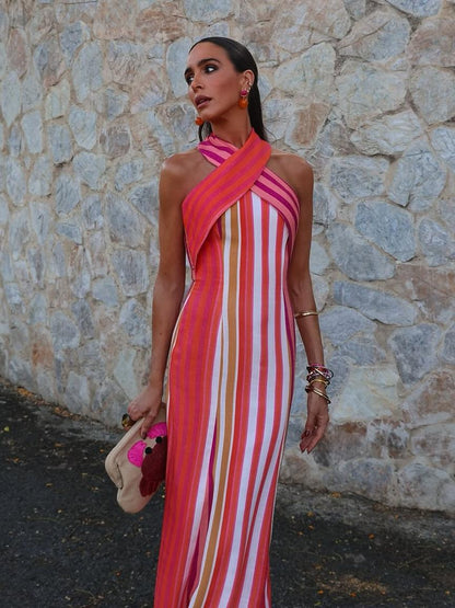 Cross Halter Neck Vertical Stripe Bodycon Midi Dress