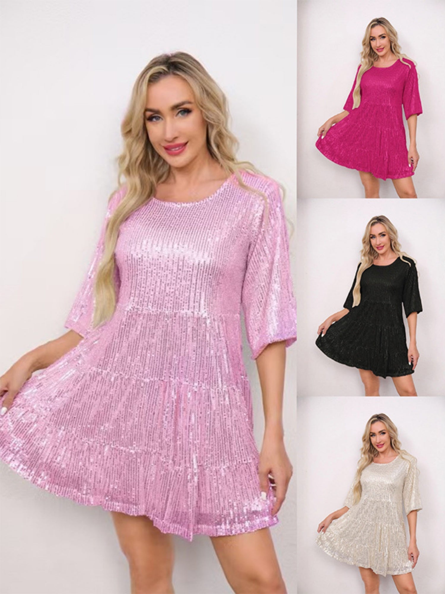 Sequins Pleated Multi-story Crew Neck Short Sleeve Mini&Short Dresses