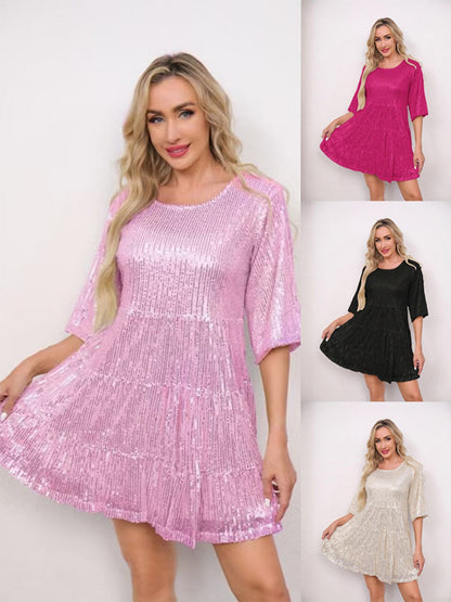 Sequins Pleated Multi-story Crew Neck Short Sleeve Mini&Short Dresses