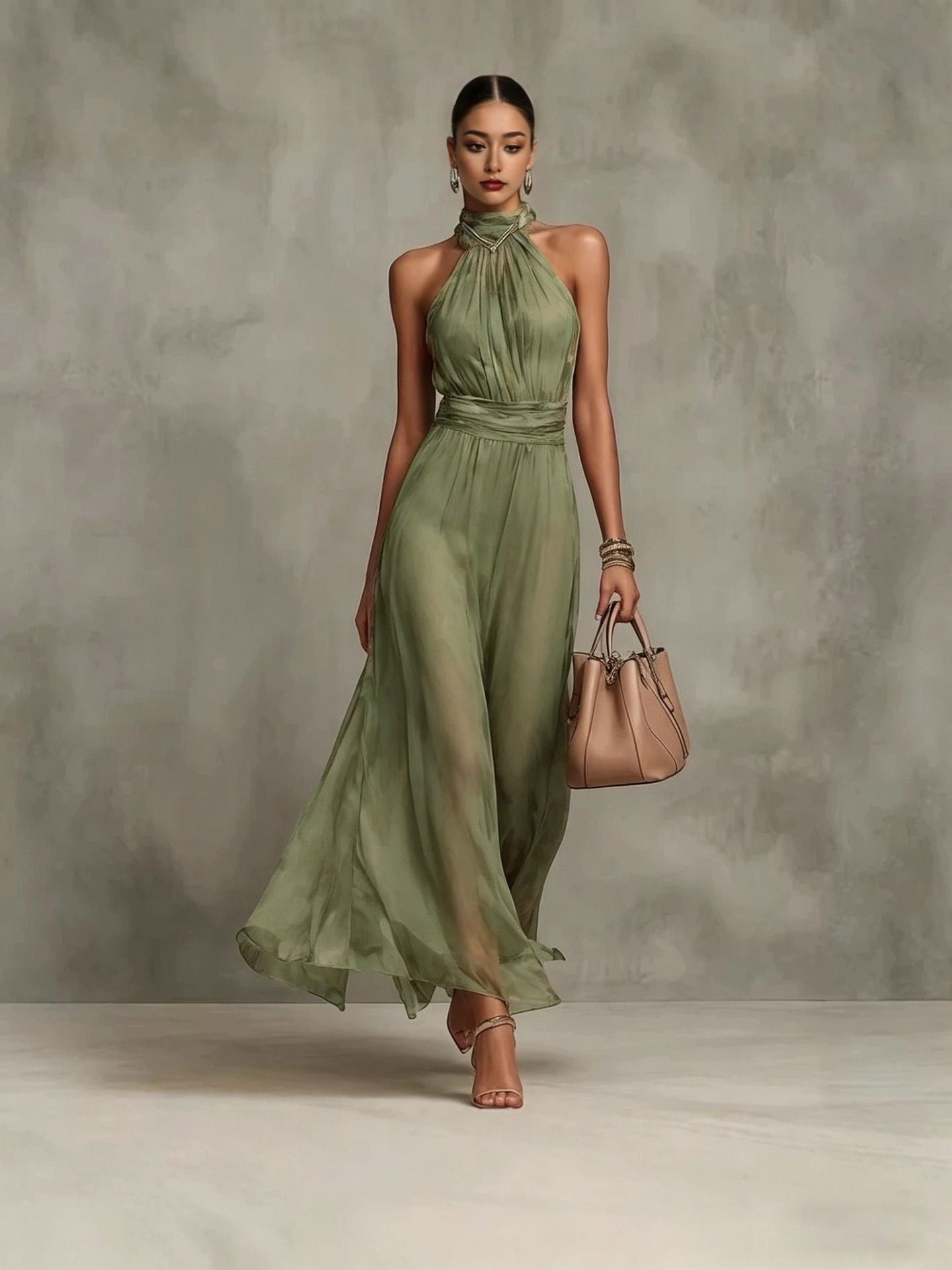 Halter Neck Solid Color Chiffon Vacation Style Waist-cinching Pleated Long Dress