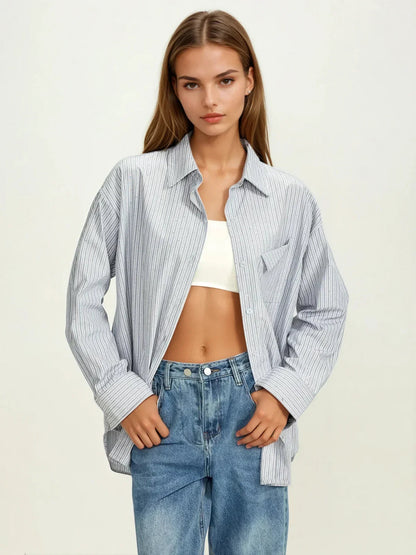 Rhinestone Dot Pinstripe Long Sleeves Pocket Shirt