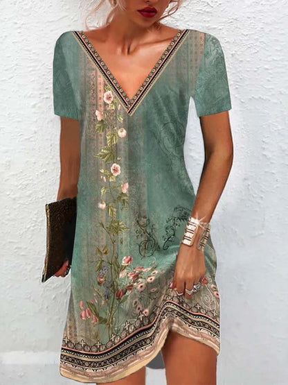 V-Neck Geometric Border Trim Floral Vine Shift Mini Dress