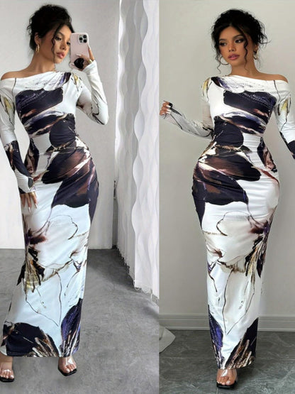 Milk Silk Printed Off-the-shoulder Long Dress