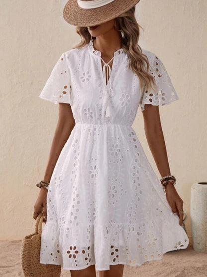 Lace Cutout Embroidered Lace V-neck Tie Mini&Short Dresses