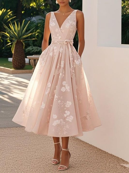 Floral Print Sleeveless Vest With V-neck Maxi Dresses
