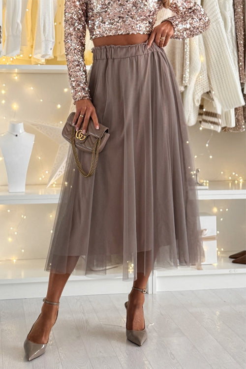 Margovil Solid Elastic Waist Mesh A-line Midi Skirt