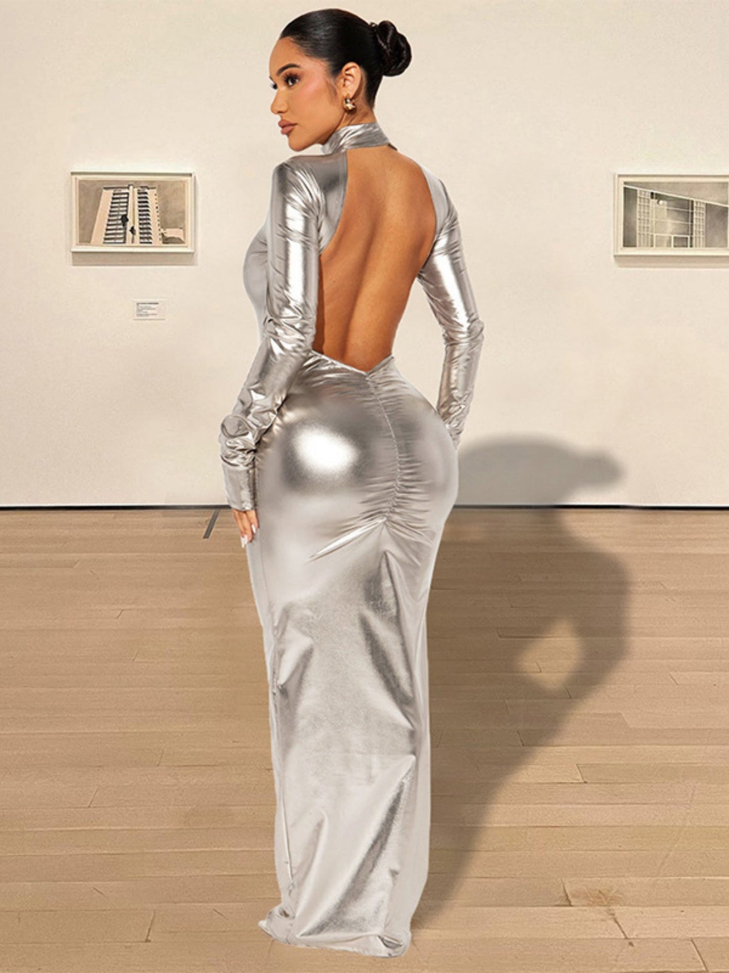 Metallic Gloss Exposed Backpack Buttocks Long Sleeves Maxi Dresses