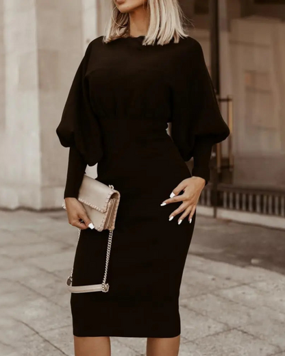 Lantern Sleeve Crew Neck Fitted Bodycon Midi Dress