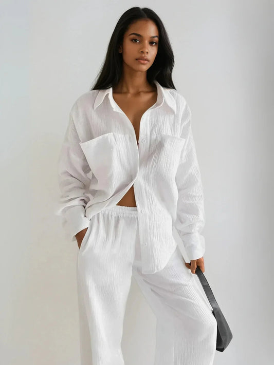 Casual Loose Minimalist Cotton Shirt & Pants Matching Set