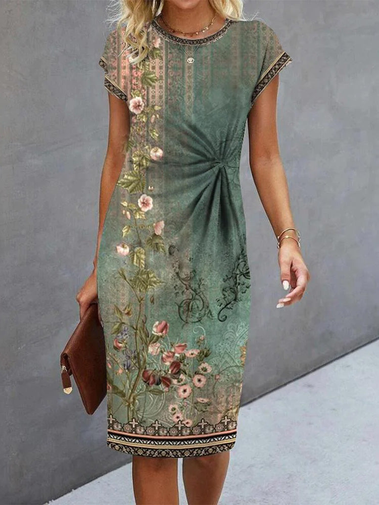 Round Neck Side Ruched Geometric Floral Print Mini Dress