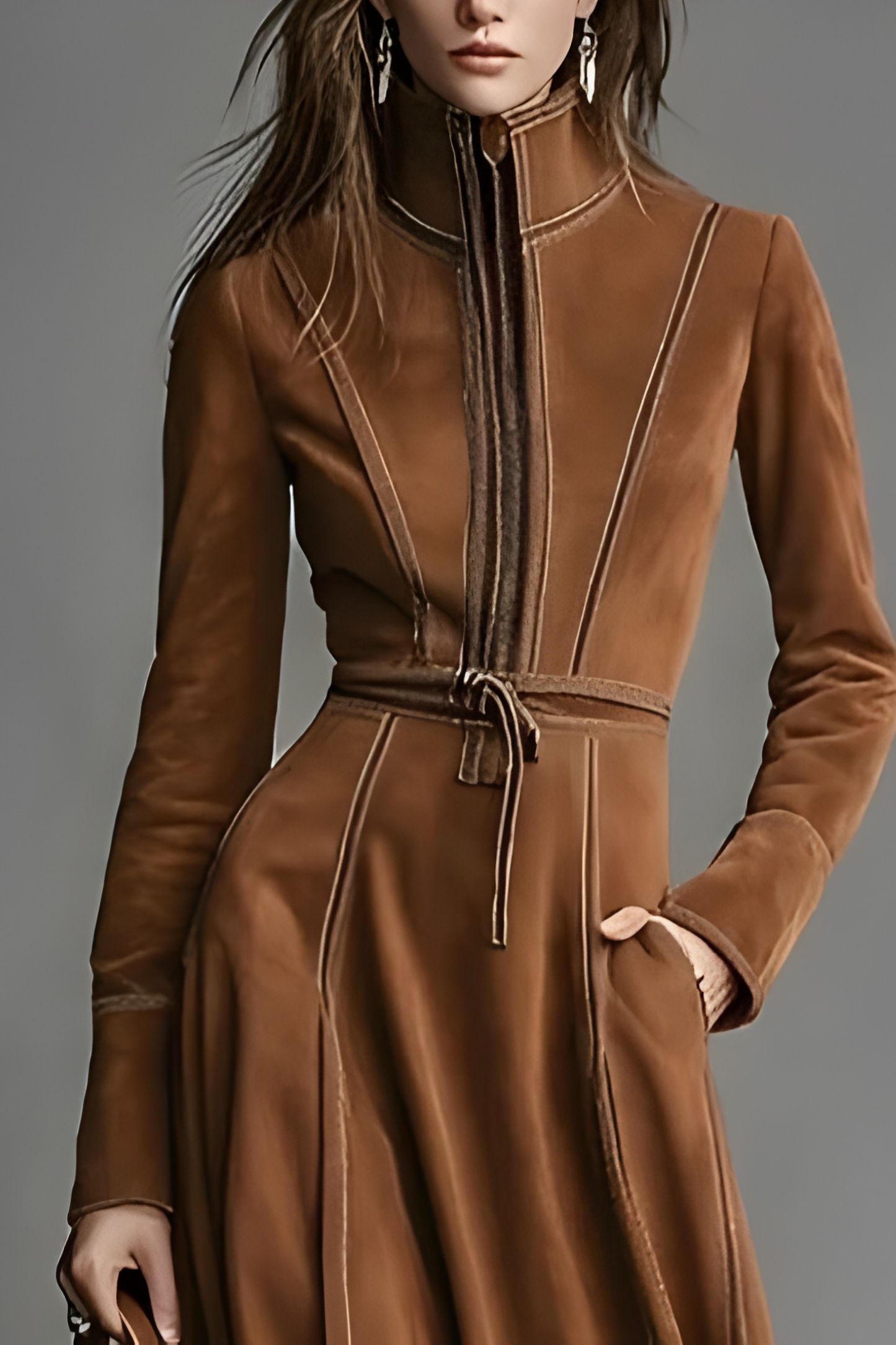 Brown Faux Suede Front Zipper Belted Elegant Maxi Dress