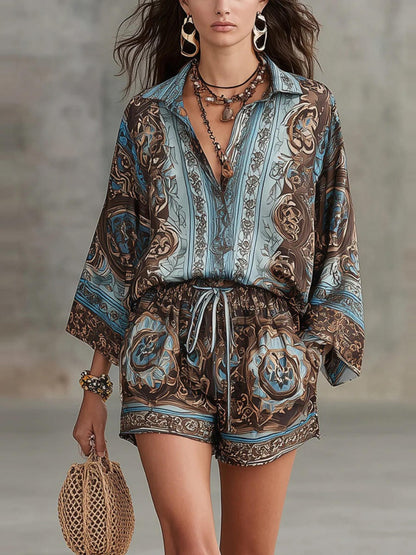 Printed Long Sleeve Shirts Loose-fit Shorts Set 2-piece Sets