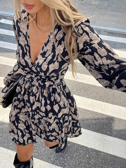 Ruffle Geometric Print Long Sleeve Mini&Short Dresses
