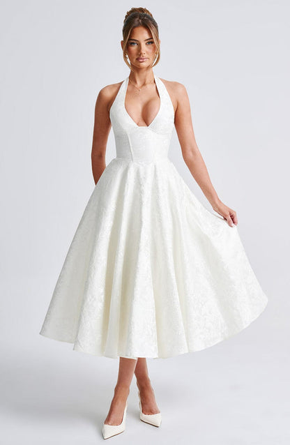 Halter Neck Satin Midi Dress | A-Line Silhouette