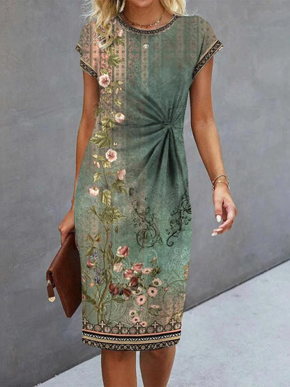 Round Neck Side Ruched Geometric Floral Print Mini Dress