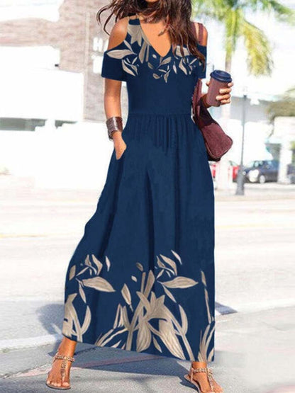 Cold Shoulder Plunging V Neck Pocket Botanical Print Empire Waist Maxi Dress