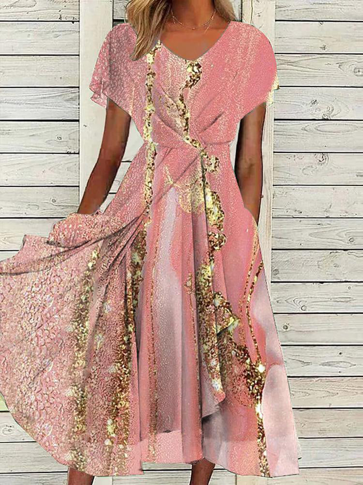 Marble Print Foil Vein Twist Waist Flutter Sleeve Pocket Midi Dress