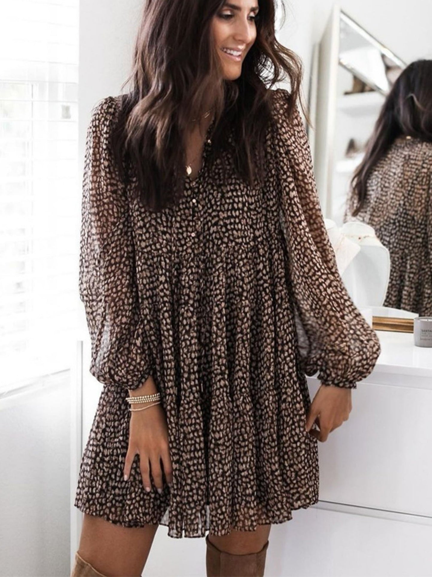 Leopard Print Balloon Sleeve V-neck Full Skirt Mini&Short Dresses