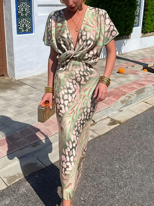 Floral Print Knot V-neck Short Sleeve Maxi Dresses